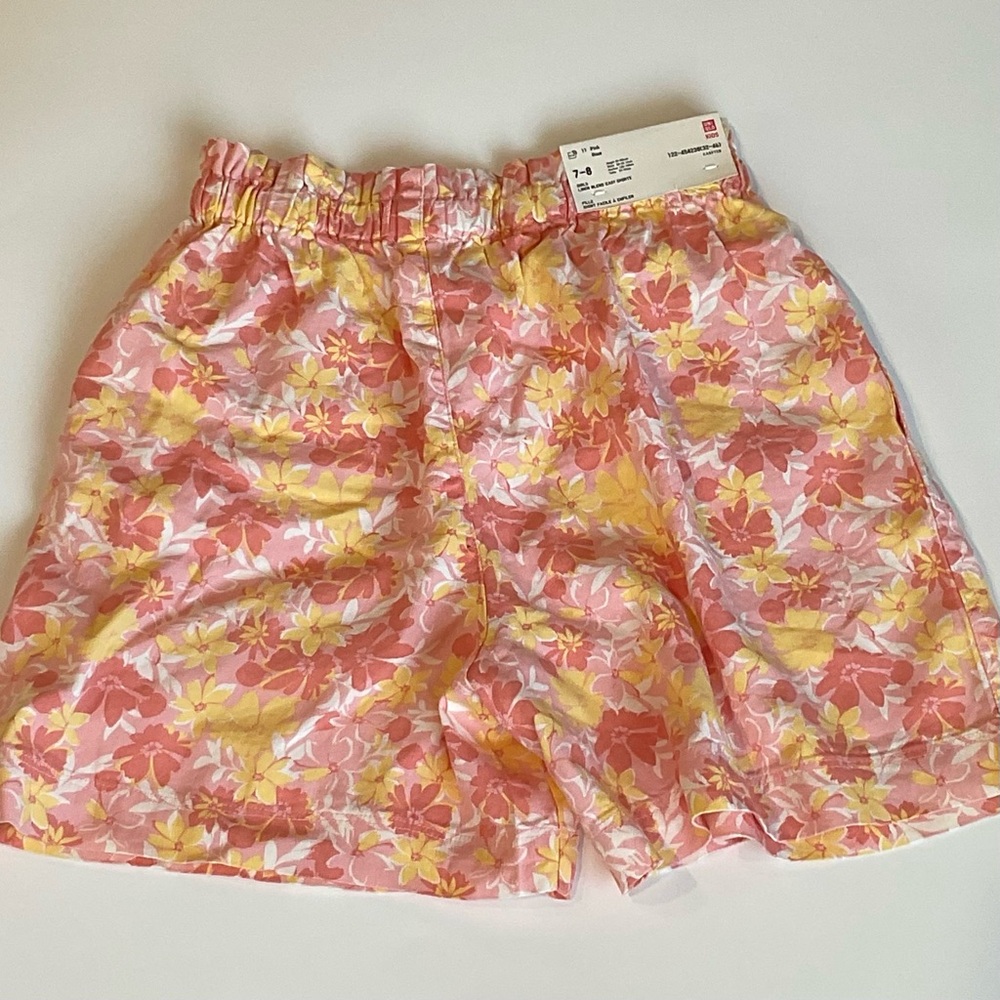 Uniqlo Linen Blend Shorts Pink and Yellow Floral Girls Size 7 - 8